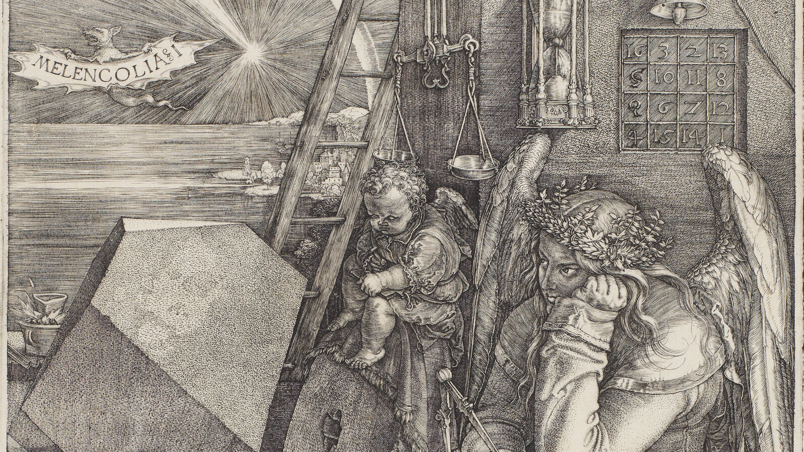 Detail of Dürer's Melencolia I showing the title banner, comet, geometric solid, putto, magic square, and seated figure.