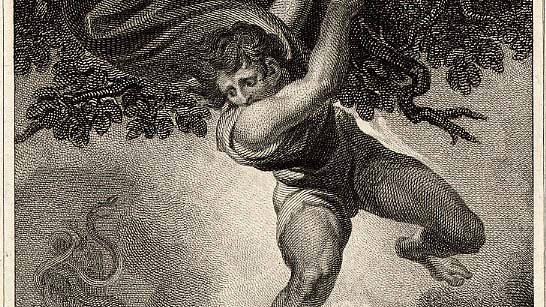 Detail of Bromley's engraving showing Odysseus clinging to a fig tree above the whirlpool Charybdis, with Scylla lurking at left.